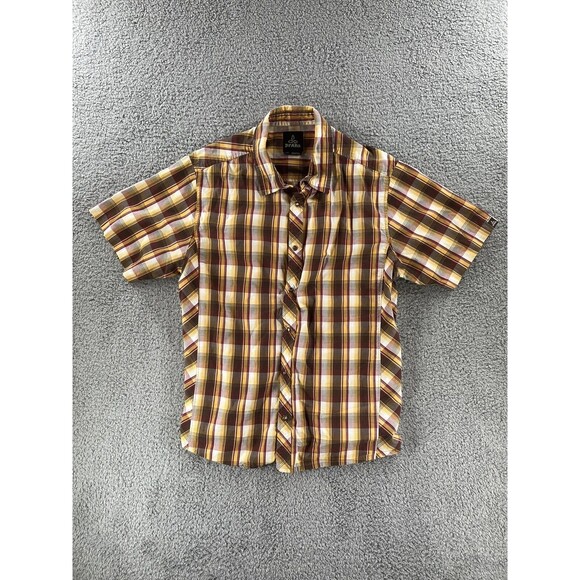 Prana Shirt Men’s Large Short Sleeve Collar Brown Yellow Pearl Snap Button Front - Picture 1 of 6